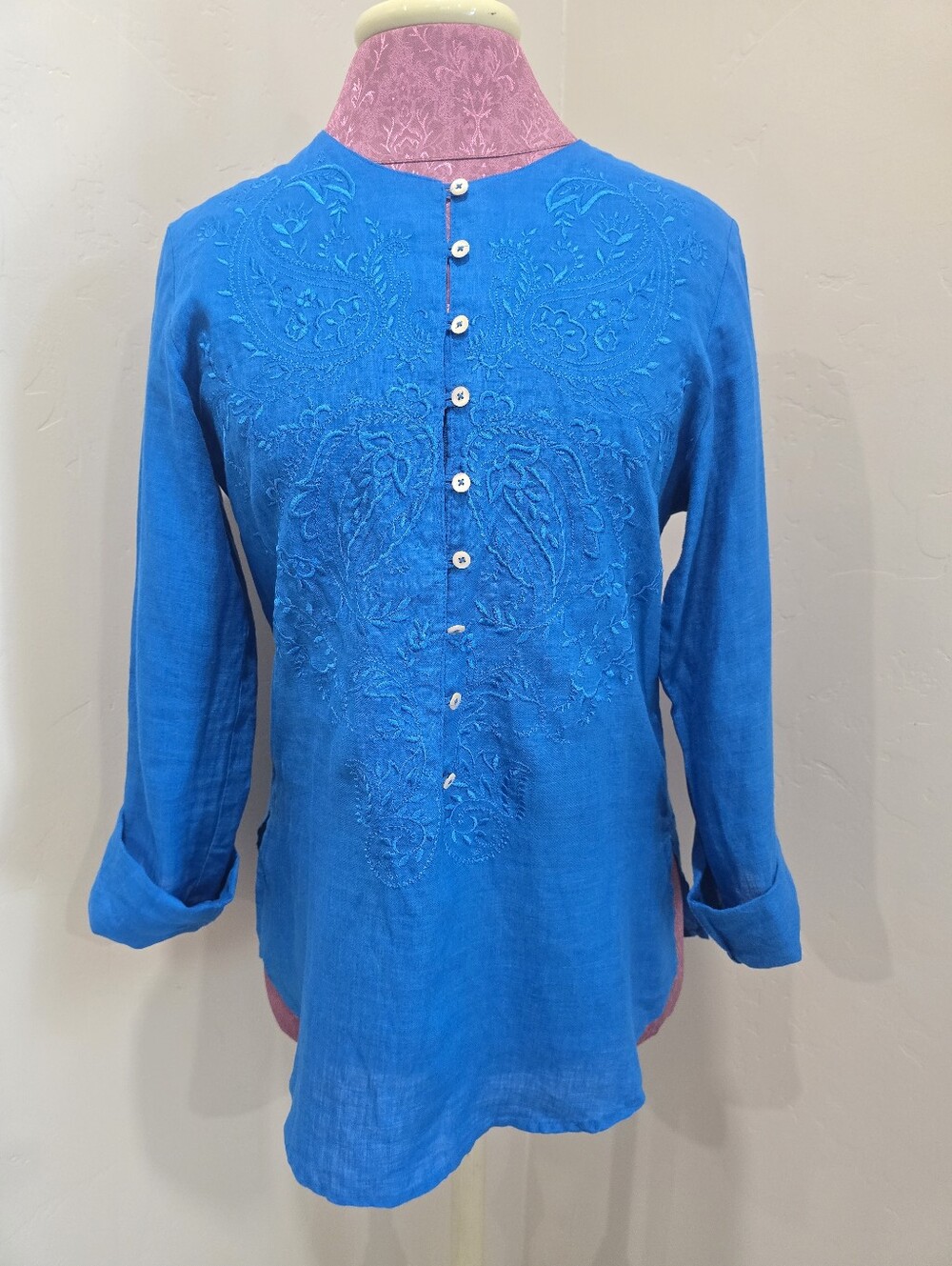 GORSUCH Women's Teal Blue Linen Embroidered Button Up Top Size EU 36 US XS/S